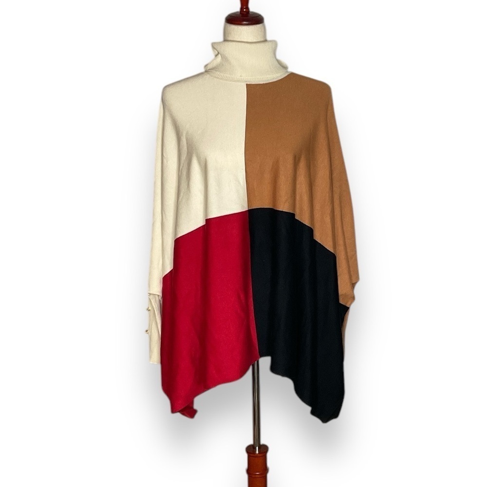 JM Collection Cream Colorblock Turtleneck Batwing Sleeve Knit Sweater Size Large